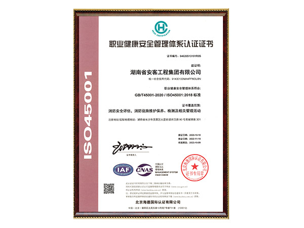 職業(yè)健康安全管理體系認證證書2022